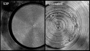 Photographs of AISI 316 buttons after G98 galling test. Left: S³P treated condition at 122.2 KSI (842.5 MPa); Right: untreated condition at 14.3 KSI (98.6 MPa)